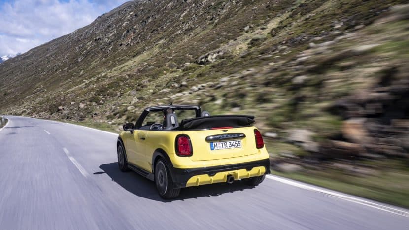 MINI JOHN COOPER WORKS CONVERTIBLE SUNNY SIDE YELLOW REAR IN MOTION